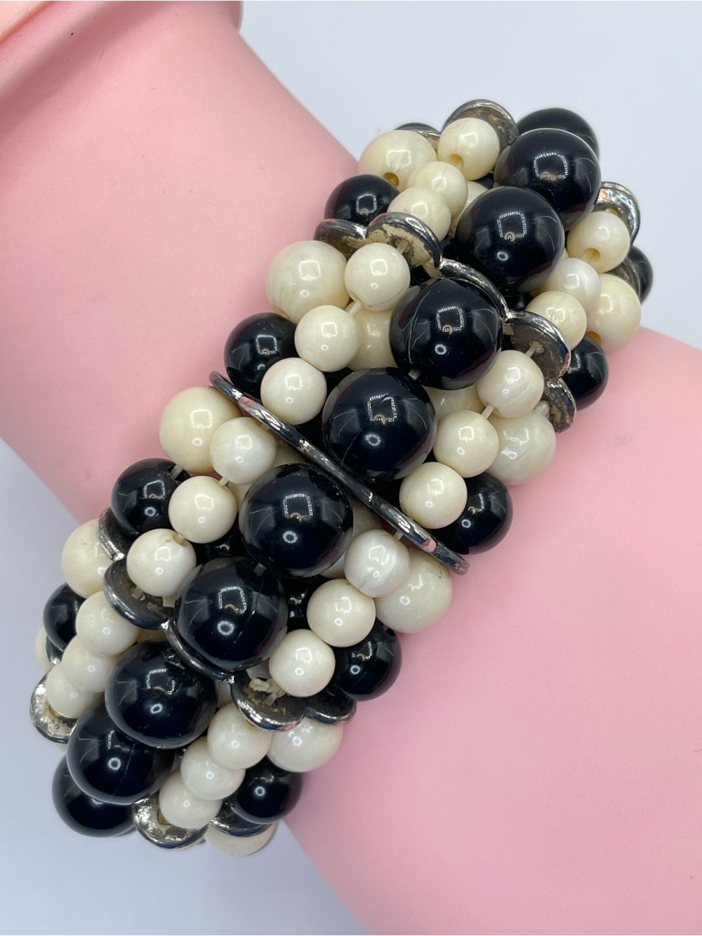 Black White Acrylic Beaded Chunky Multi Strand Stretch Statement Bracelet